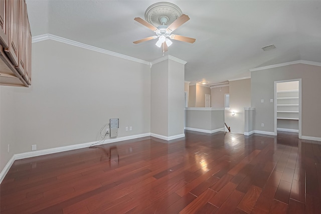 5714 Ames Xing, Sugar Land, TX 77479 - unfurnished living room with a ceiling fan, wood finished floors, baseboards, ornamental molding, and lofted ceiling