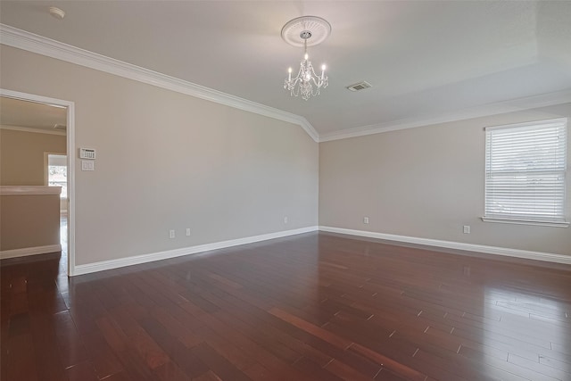 5714 Ames Xing, Sugar Land, TX 77479 - unfurnished room with a chandelier, crown molding, baseboards, and dark wood-type flooring