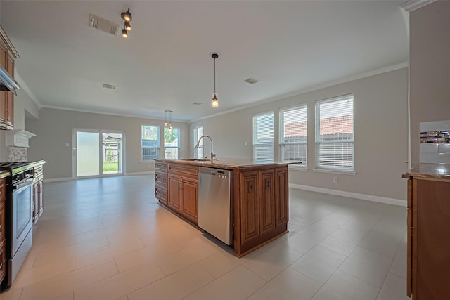 5714 Ames Xing, Sugar Land, TX 77479 - kitchen with stainless steel appliances, a sink, ornamental molding, brown cabinets, and baseboards