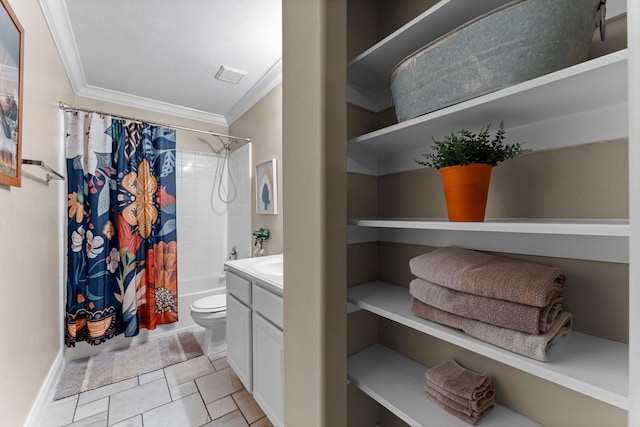32123 Willow Creek Park, Conroe, TX 77385 - bathroom with ornamental molding, toilet, shower / bath combo with shower curtain, vanity, and tile patterned floors