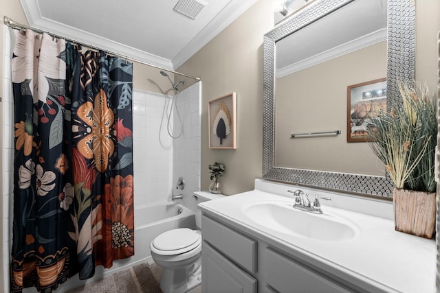 32123 Willow Creek Park, Conroe, TX 77385 - bathroom with ornamental molding, vanity, toilet, and shower / tub combo with curtain