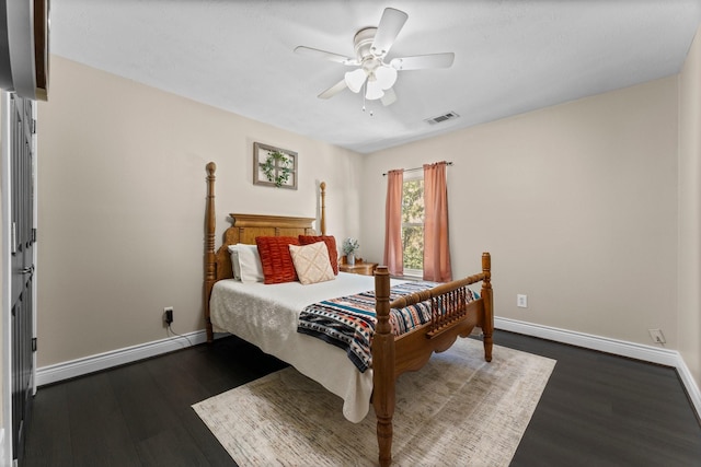 32123 Willow Creek Park, Conroe, TX 77385 - bedroom featuring baseboards, dark wood-style flooring, and a ceiling fan