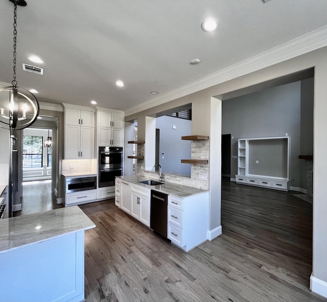 kitchen featuring black dishwasher, crown molding, open shelves, a sink, and stainless steel double oven