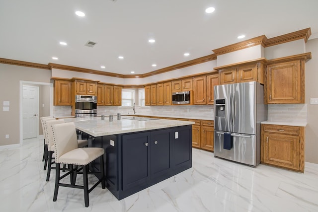 2616 Ryder Ct, League City, TX 77573 - kitchen with stainless steel appliances, ornamental molding, brown cabinets, decorative backsplash, and light marble finish floors