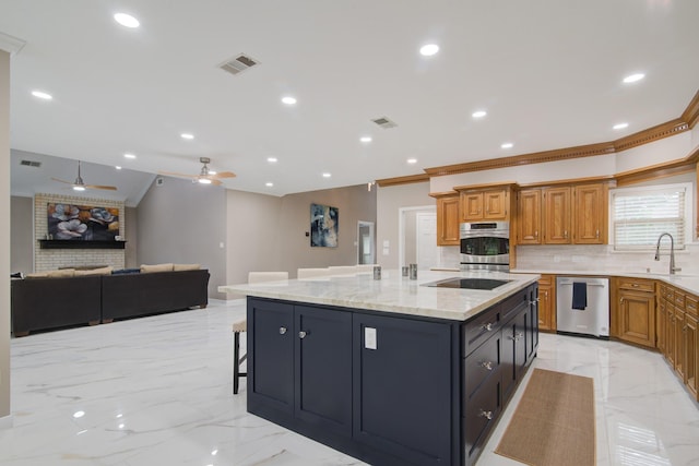 2616 Ryder Ct, League City, TX 77573 - kitchen with stainless steel dishwasher, a sink, ceiling fan, light marble finish flooring, and tasteful backsplash