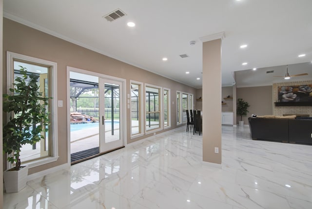2616 Ryder Ct, League City, TX 77573 - living area featuring crown molding, light marble finish floors, recessed lighting, and ceiling fan