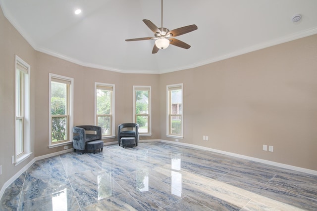 2616 Ryder Ct, League City, TX 77573 - living area featuring ceiling fan, baseboards, vaulted ceiling, and crown molding