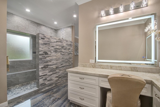 2616 Ryder Ct, League City, TX 77573 - bathroom featuring ornamental molding, a walk in shower, vanity, and recessed lighting