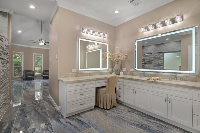 2616 Ryder Ct, League City, TX 77573 - bathroom featuring crown molding, double vanity, marble tiled flooring, ceiling fan, and recessed lighting