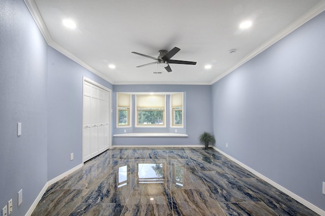 2616 Ryder Ct, League City, TX 77573 - spare room featuring ceiling fan, baseboards, recessed lighting, and crown molding