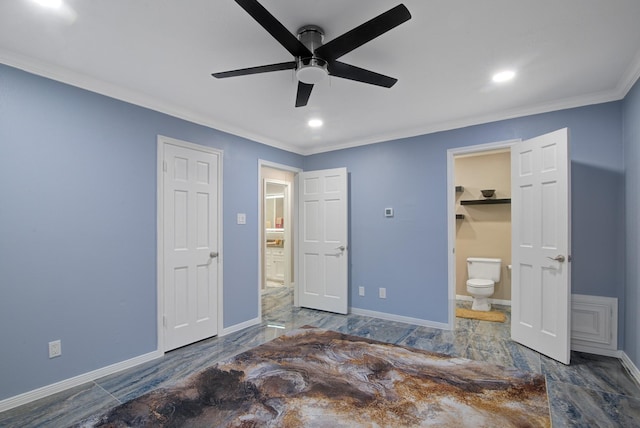 2616 Ryder Ct, League City, TX 77573 - unfurnished bedroom with ornamental molding, ensuite bath, recessed lighting, baseboards, and a ceiling fan