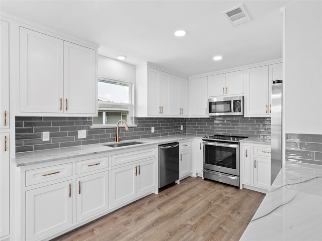 1322 Oahu Dr, Tiki Island, TX 77554 - kitchen with appliances with stainless steel finishes, a sink, white cabinets, decorative backsplash, and recessed lighting