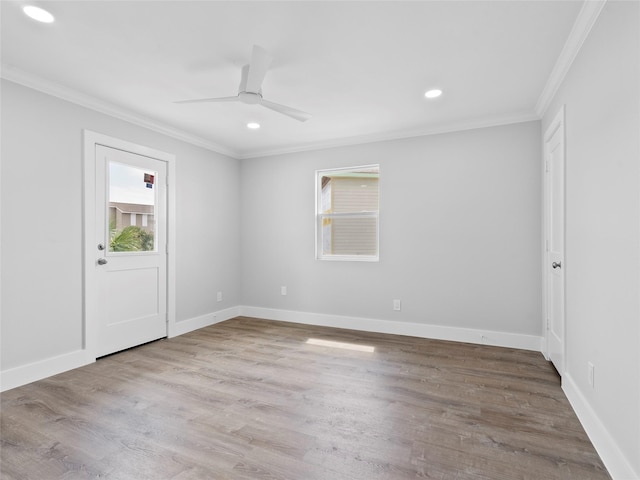 1322 Oahu Dr, Tiki Island, TX 77554 - empty room featuring ornamental molding, recessed lighting, wood finished floors, a ceiling fan, and baseboards