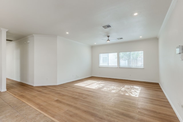 11761 Jelicoe Dr, Houston, TX 77047 - empty room featuring ornamental molding, a ceiling fan, recessed lighting, baseboards, and light wood finished floors