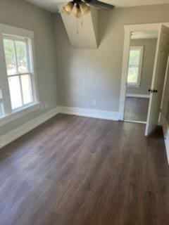 3109 Anita St, Houston, TX 77004 - bonus room featuring ceiling fan, healthy amount of natural light, baseboards, and dark wood-type flooring