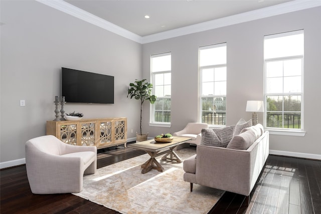 831 Dunleigh Meadows Ln, Houston, TX 77055 - living area with dark wood-style flooring, ornamental molding, baseboards, and recessed lighting