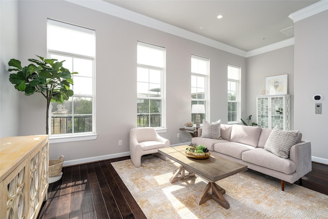 831 Dunleigh Meadows Ln, Houston, TX 77055 - living room with dark wood finished floors, crown molding, baseboards, and recessed lighting