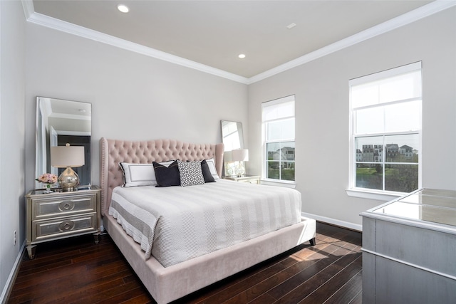 831 Dunleigh Meadows Ln, Houston, TX 77055 - bedroom featuring dark wood-style flooring, ornamental molding, baseboards, multiple windows, and recessed lighting