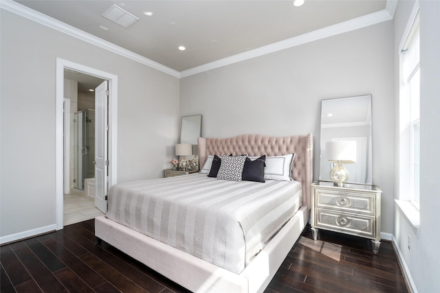 831 Dunleigh Meadows Ln, Houston, TX 77055 - bedroom with wood finished floors, crown molding, baseboards, recessed lighting, and connected bathroom