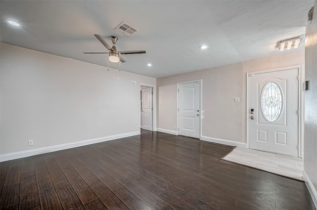 entrance foyer featuring a ceiling fan, baseboards, wood finished floors, and recessed lighting