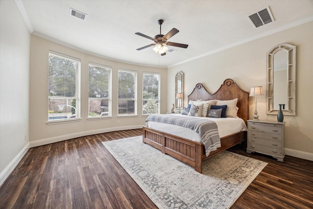 5119 Kendalia Cloud Ln, Fulshear, TX 77441 - bedroom with baseboards, dark wood-style flooring, crown molding, and a ceiling fan