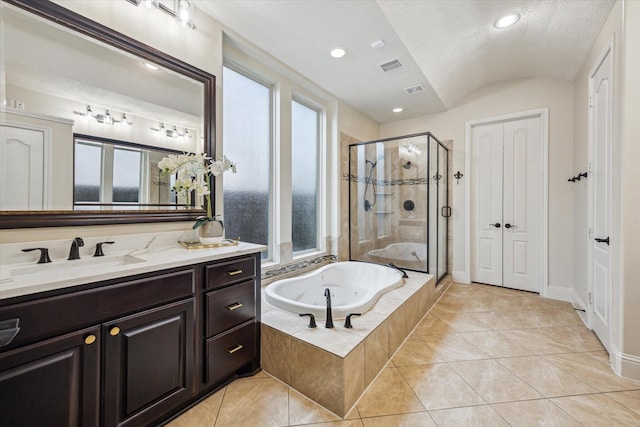 5119 Kendalia Cloud Ln, Fulshear, TX 77441 - full bathroom featuring a stall shower, a whirlpool tub, vanity, healthy amount of natural light, and vaulted ceiling