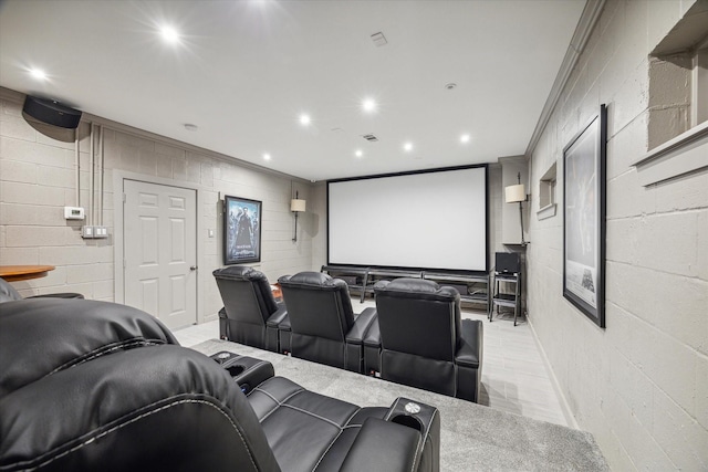 5602 Indian Cir, Houston, TX 77056 - home theater room with recessed lighting, concrete block wall, and ornamental molding