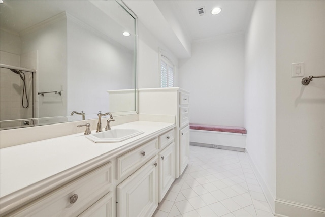 5602 Indian Cir, Houston, TX 77056 - full bathroom with ornamental molding, vanity, tile patterned flooring, tiled shower, and recessed lighting