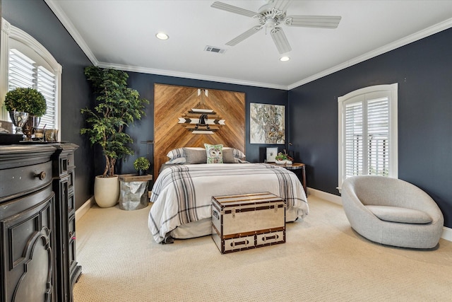 5602 Indian Cir, Houston, TX 77056 - carpeted bedroom with recessed lighting, ornamental molding, and ceiling fan