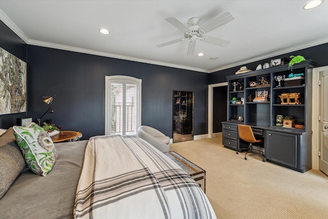 5602 Indian Cir, Houston, TX 77056 - bedroom with light colored carpet, recessed lighting, a desk, crown molding, and a ceiling fan