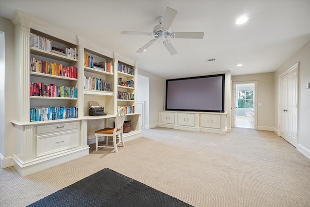 5602 Indian Cir, Houston, TX 77056 - cinema with carpet floors, built in study area, a ceiling fan, recessed lighting, and baseboards