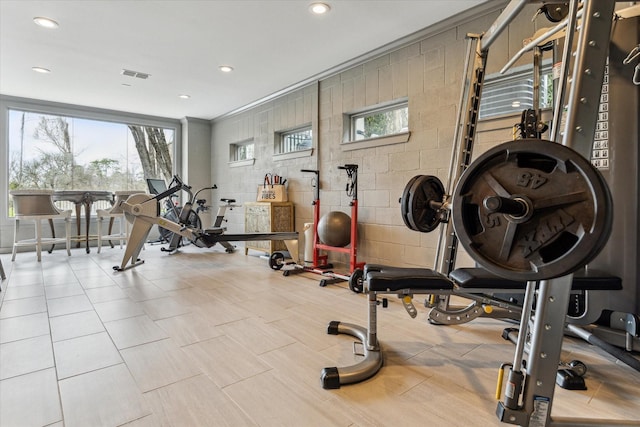 5602 Indian Cir, Houston, TX 77056 - workout area featuring concrete block wall and recessed lighting