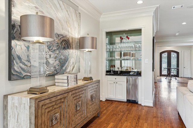 5602 Indian Cir, Houston, TX 77056 - bar with ornamental molding, dark wood-type flooring, french doors, and recessed lighting