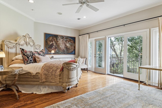 5602 Indian Cir, Houston, TX 77056 - bedroom with access to outside, recessed lighting, wood finished floors, ornamental molding, and a ceiling fan
