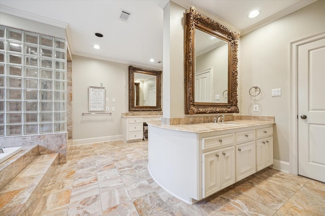 5602 Indian Cir, Houston, TX 77056 - full bath featuring ornamental molding, baseboards, vanity, and recessed lighting