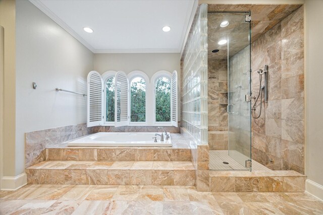 5602 Indian Cir, Houston, TX 77056 - full bath featuring marble look tile flooring, a bath, a stall shower, recessed lighting, and crown molding