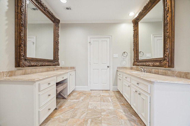 5602 Indian Cir, Houston, TX 77056 - full bath with two vanities, ornamental molding, and recessed lighting