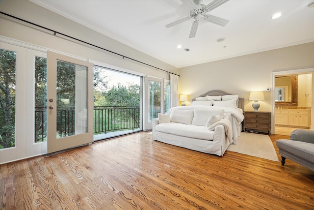 5602 Indian Cir, Houston, TX 77056 - bedroom featuring access to exterior, ornamental molding, wood finished floors, recessed lighting, and ceiling fan