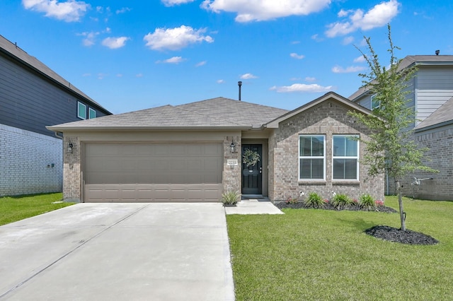 2233 Forest Chestnut Dr, Spring, TX 77386 - ranch-style house featuring a garage, concrete driveway, a front lawn, brick siding, and roof with shingles