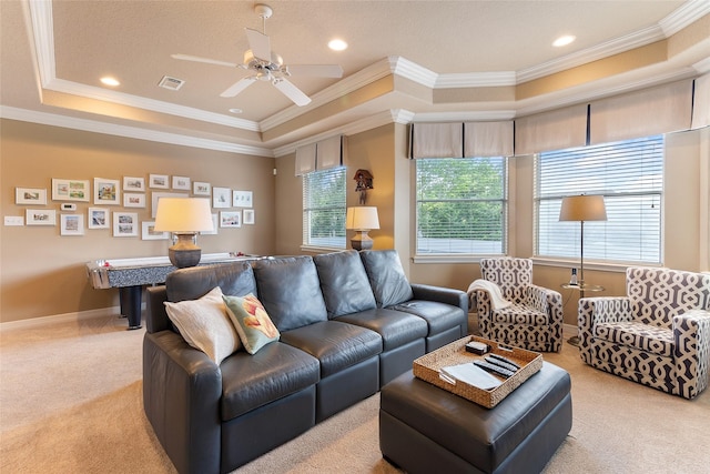 208 Canyon Oak Dr, Lake Jackson, TX 77566 - living area with carpet flooring, a tray ceiling, crown molding, ceiling fan, and recessed lighting