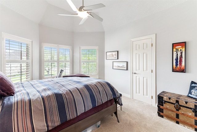 208 Canyon Oak Dr, Lake Jackson, TX 77566 - bedroom featuring carpet flooring, ceiling fan, baseboards, and high vaulted ceiling