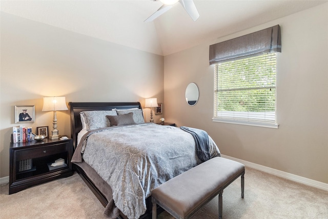 208 Canyon Oak Dr, Lake Jackson, TX 77566 - carpeted bedroom with vaulted ceiling, baseboards, and ceiling fan