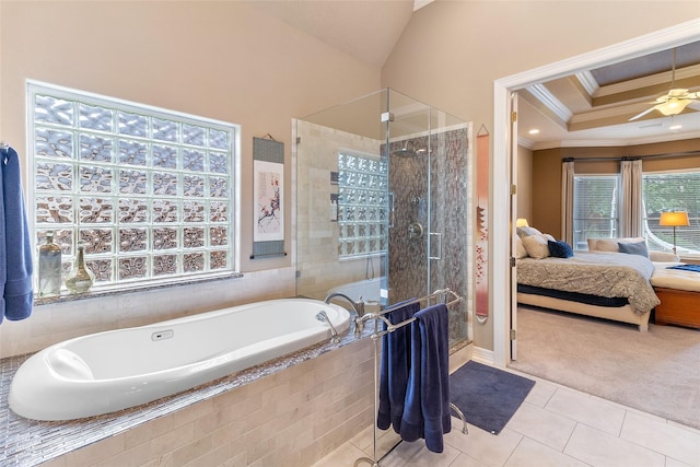 208 Canyon Oak Dr, Lake Jackson, TX 77566 - ensuite bathroom featuring crown molding, a shower stall, tile patterned floors, a bath, and a ceiling fan