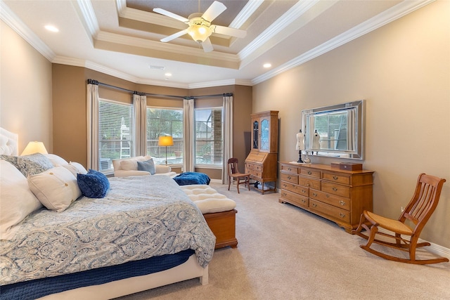 208 Canyon Oak Dr, Lake Jackson, TX 77566 - bedroom featuring light carpet, crown molding, a raised ceiling, ceiling fan, and baseboards