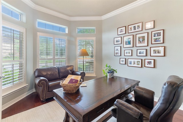 208 Canyon Oak Dr, Lake Jackson, TX 77566 - home office with crown molding, wood finished floors, baseboards, and plenty of natural light