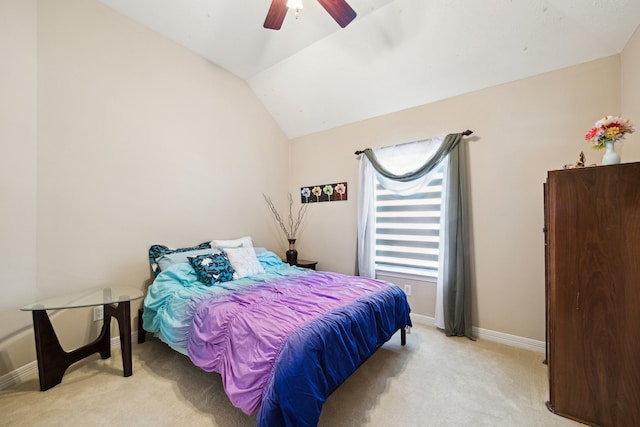 7719 Allegro Dr, Houston, TX 77040 - bedroom with carpet flooring, lofted ceiling, baseboards, and ceiling fan