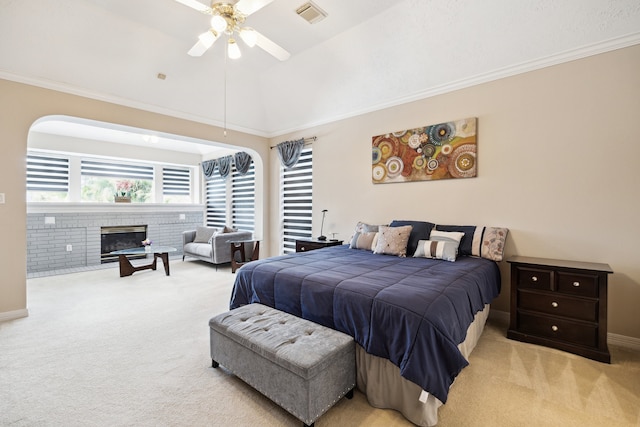 7719 Allegro Dr, Houston, TX 77040 - bedroom featuring carpet, a fireplace, a ceiling fan, baseboards, and crown molding