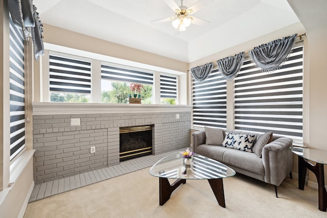 7719 Allegro Dr, Houston, TX 77040 - living room featuring carpet, a fireplace, and ceiling fan