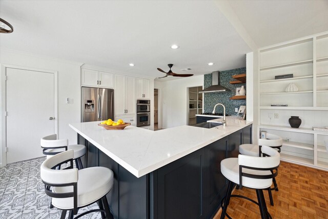 1415 Lehman St, Houston, TX 77018 - kitchen featuring wall chimney exhaust hood, ceiling fan, stainless steel appliances, open shelves, and recessed lighting