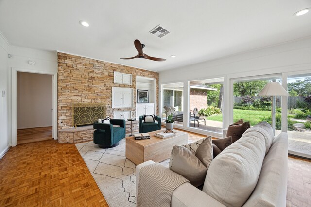 1415 Lehman St, Houston, TX 77018 - living area featuring a ceiling fan, recessed lighting, a stone fireplace, and baseboards
